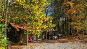 A rustic cabin with a porch and a small pavilion, surrounded by a forest with autumn foliage.