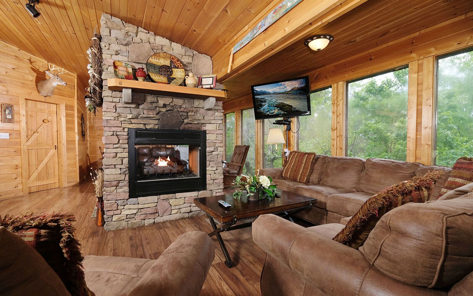 TV, fireplace, DVD player, foosball