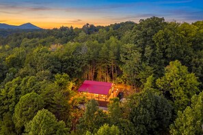 A cabin surrounded by dense forest with a red roof, accessible via a wooden deck.