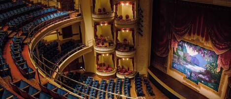 Un théâtre doté de plusieurs balcons, d’une scène centrale et de rangées de sièges bleus.