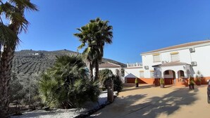 A courtyard with palm trees, a white building with orange trim, and a hill in the background. -  Huge Accessible Group Villa ,No Chlorine Pool, Hot Tub Games area,Cinema Room (Iznajar Cordoba Province)