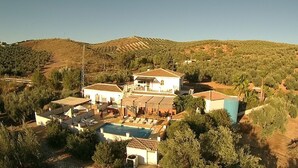 A large villa with multiple buildings, a swimming pool, and olive groves in the background. -  Huge Accessible Group Villa ,No Chlorine Pool, Hot Tub Games area,Cinema Room (Iznajar Cordoba Province)