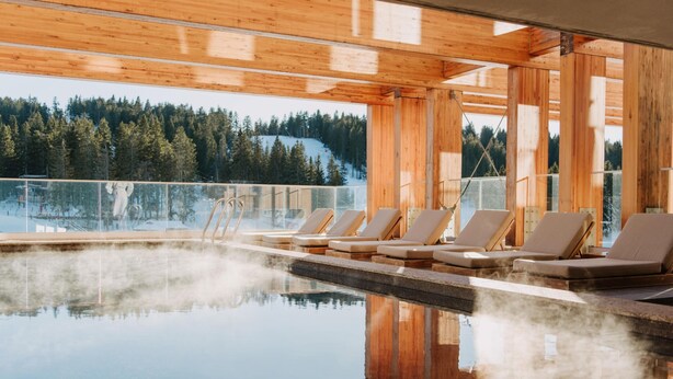 Una piscina infinita de madera con sillas de descanso, rodeada por una terraza de madera y balaustrada de vidrio, con vistas a una zona montañosa cubierta de bosque.