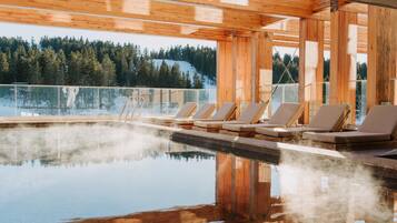 Indoor pool, outdoor pool, pool umbrellas, sun loungers