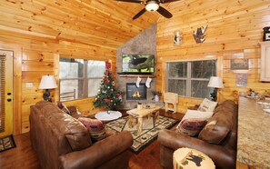 Een televisie, een open haard en een dvd-speler