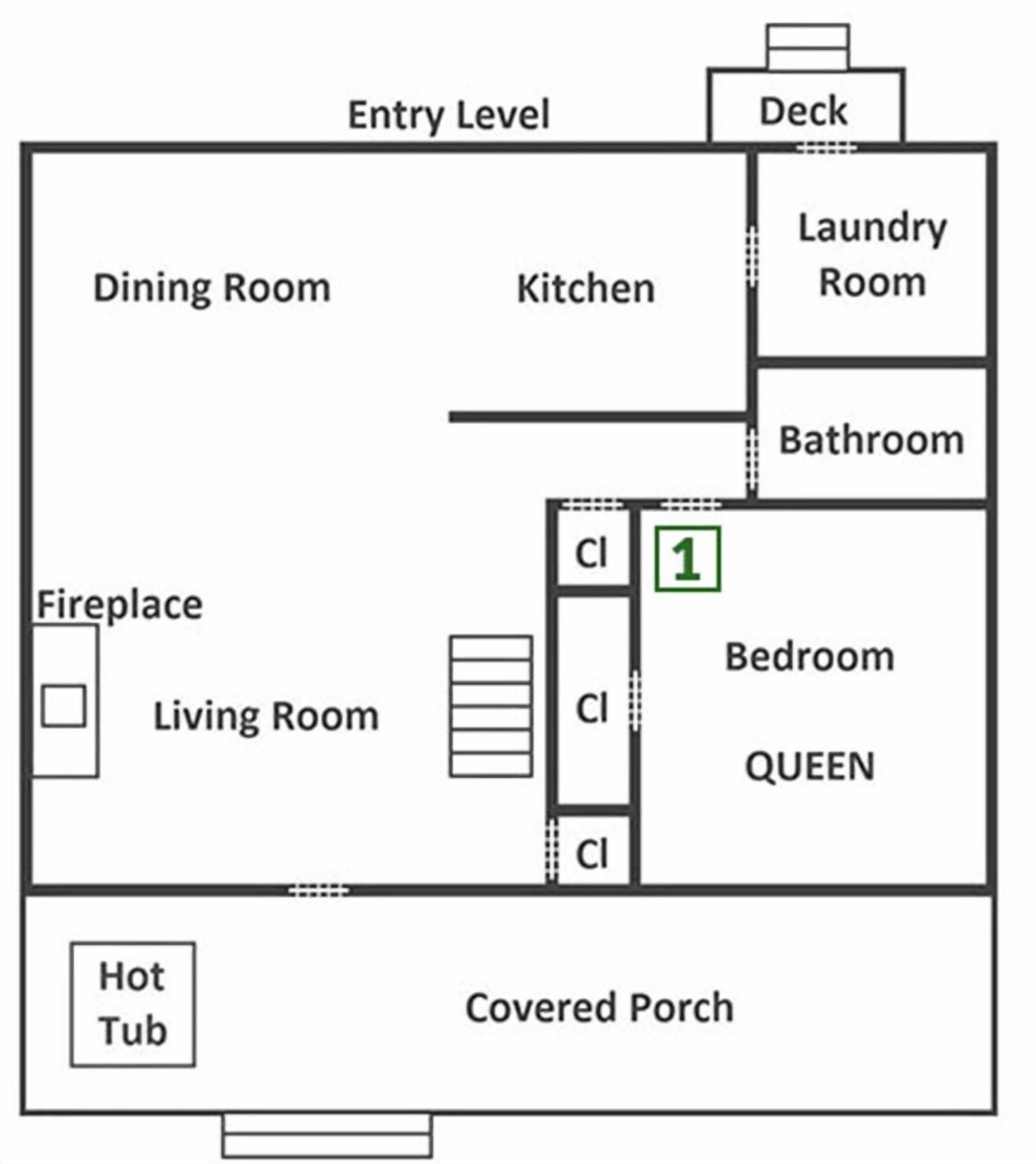 A floor plan of a house with a deck, dining room, kitchen, laundry room, bathroom, fireplace, living room, bedroom labeled QUEEN, covered porch, and a hot tub.