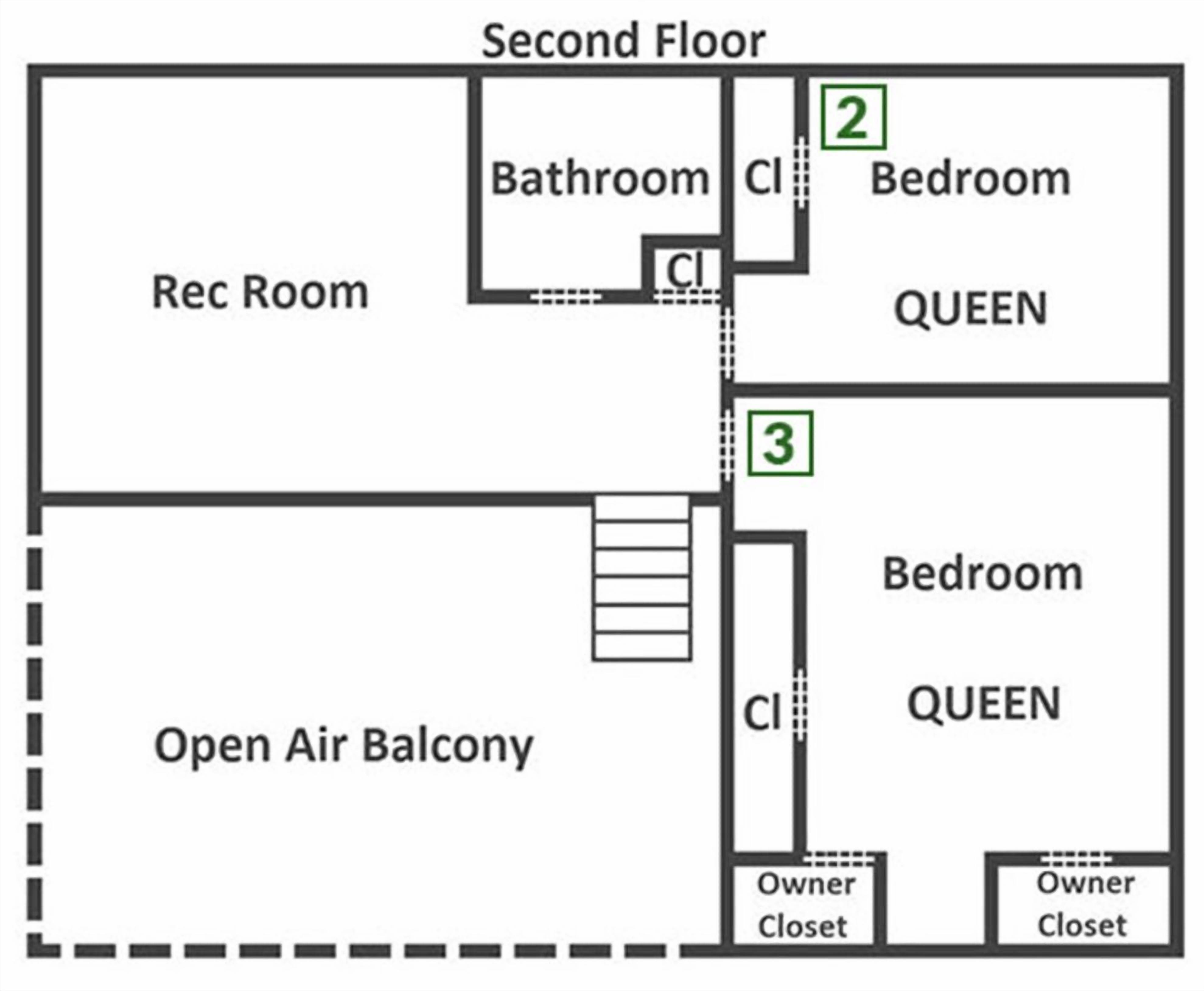 Un hôtel dont l’agencement comprend un deuxième étage avec une chambre, une salle de bain et une salle de loisirs. Il y a également un balcon extérieur et deux placards réservés aux propriétaires.