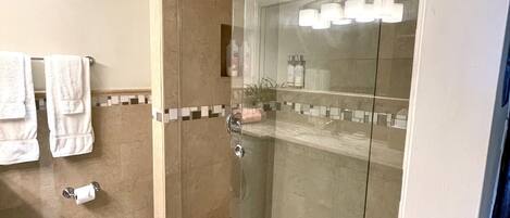 A modern bathroom with a glass-enclosed shower, a toilet, and a sink.