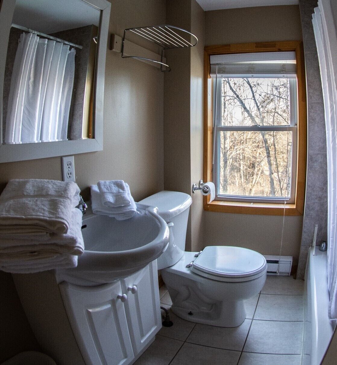 Ein Badezimmer mit Toilette, Waschbecken und einem Fenster mit Blick auf Bäume.