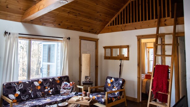 Une pièce chaleureuse avec un plafond en bois, un canapé à motifs floraux, un fauteuil, une échelle et une fenêtre avec des rideaux.