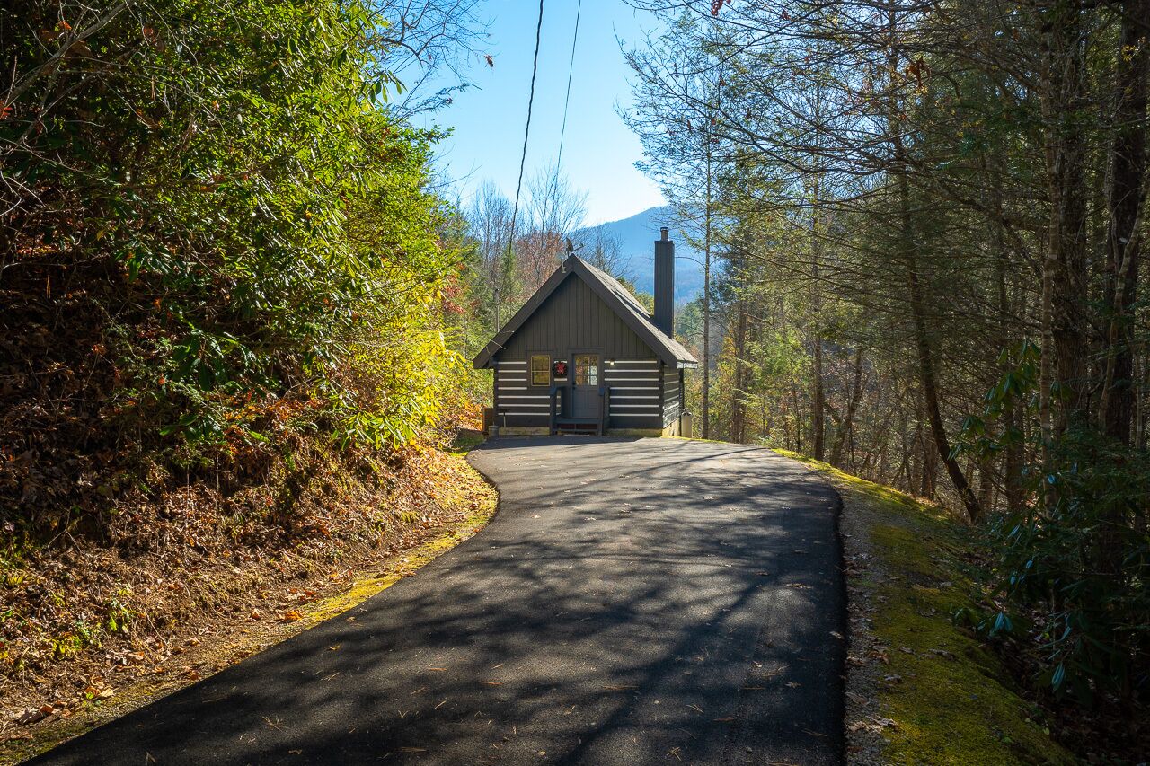 A cabin with a sloped roof and a chimney, surrounded by dense forest and a paved road leading to it.