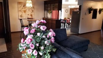 Smart-tv, eldstad och en stereo