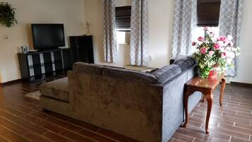 Smart-tv, eldstad och en stereo