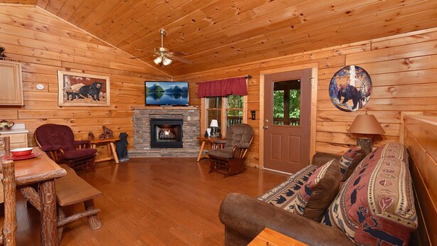 Un acogedor interior de cabaña con chimenea de piedra, muebles de madera y un televisor montado en la pared.