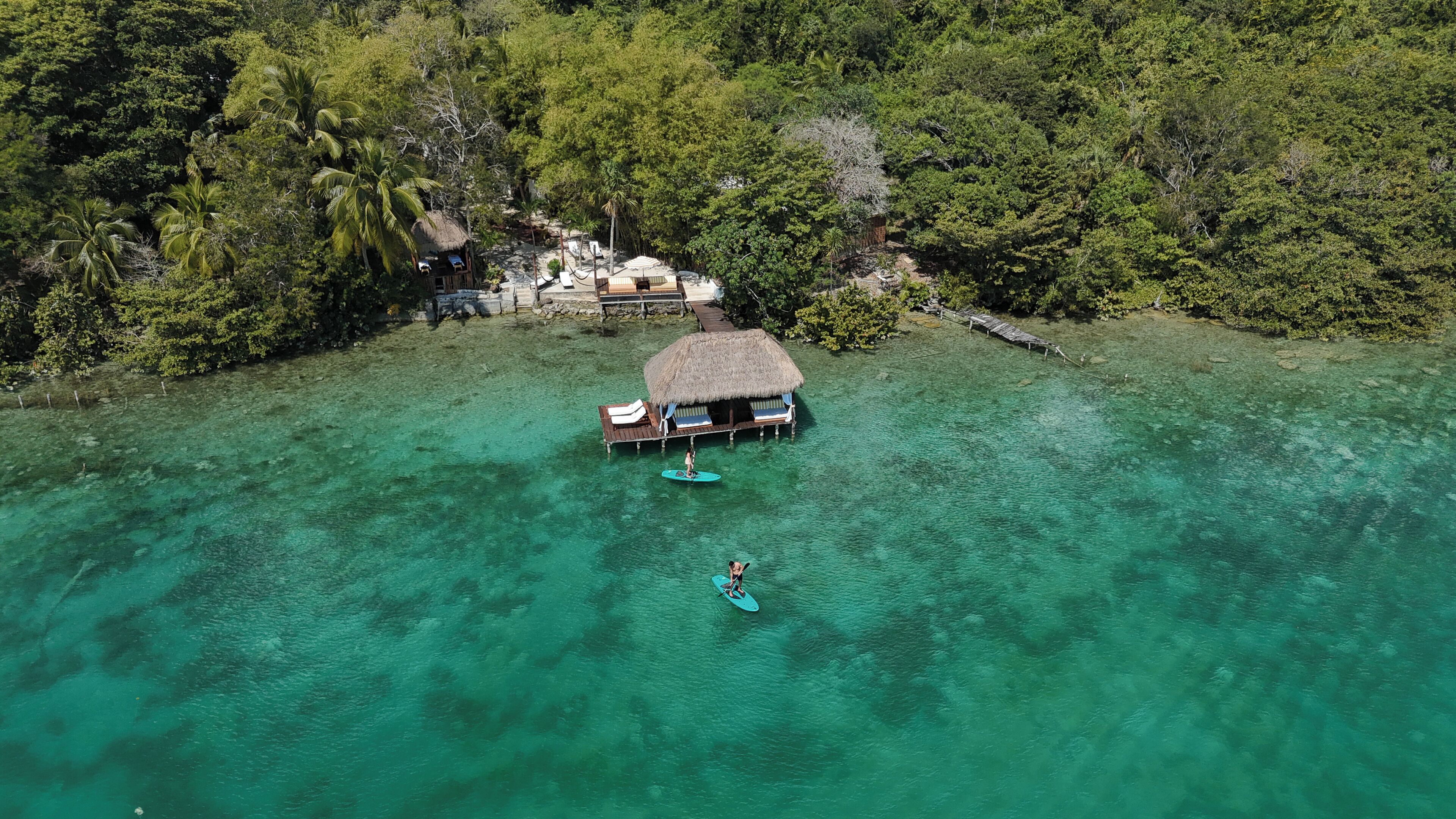 An overwater bungalow with a thatched roof, surrounded by clear turquoise water and dense tropical foliage.