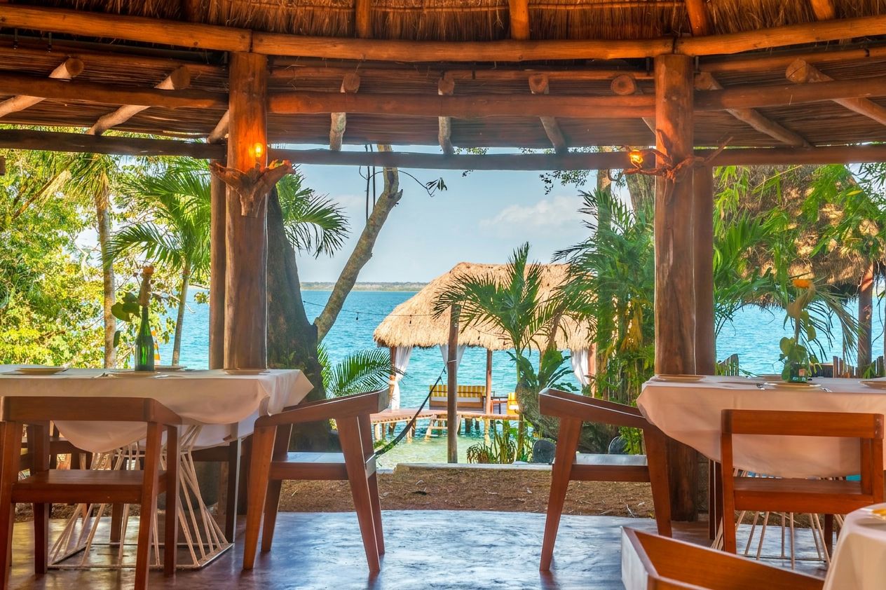 A wooden outdoor dining area with tables and chairs, overlooking a beach with thatched umbrellas and palm trees.