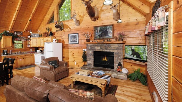 A cozy cabin interior with a fireplace, wooden walls, and mounted animal heads.
