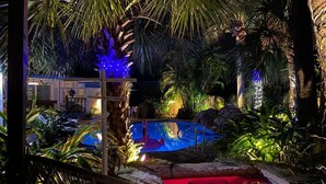 A pool area with a hot tub, surrounded by tropical plants and palm trees. - 4BR, Private Backyard Oasis/POOL & HotTub(Jacuzzy) (Hollywood)