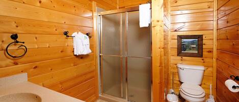 Baño de cabaña de madera con ducha, inodoro y lavamanos.