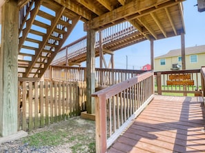 A wooden deck with a metal railing and a sign that reads "Danny Ray's Ramp to Heaven." - ‘Seas The Moment’….. before it passes you by. (Freeport)