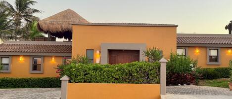 A modern building with a thatched roof, a well-maintained garden, and a paved walkway.