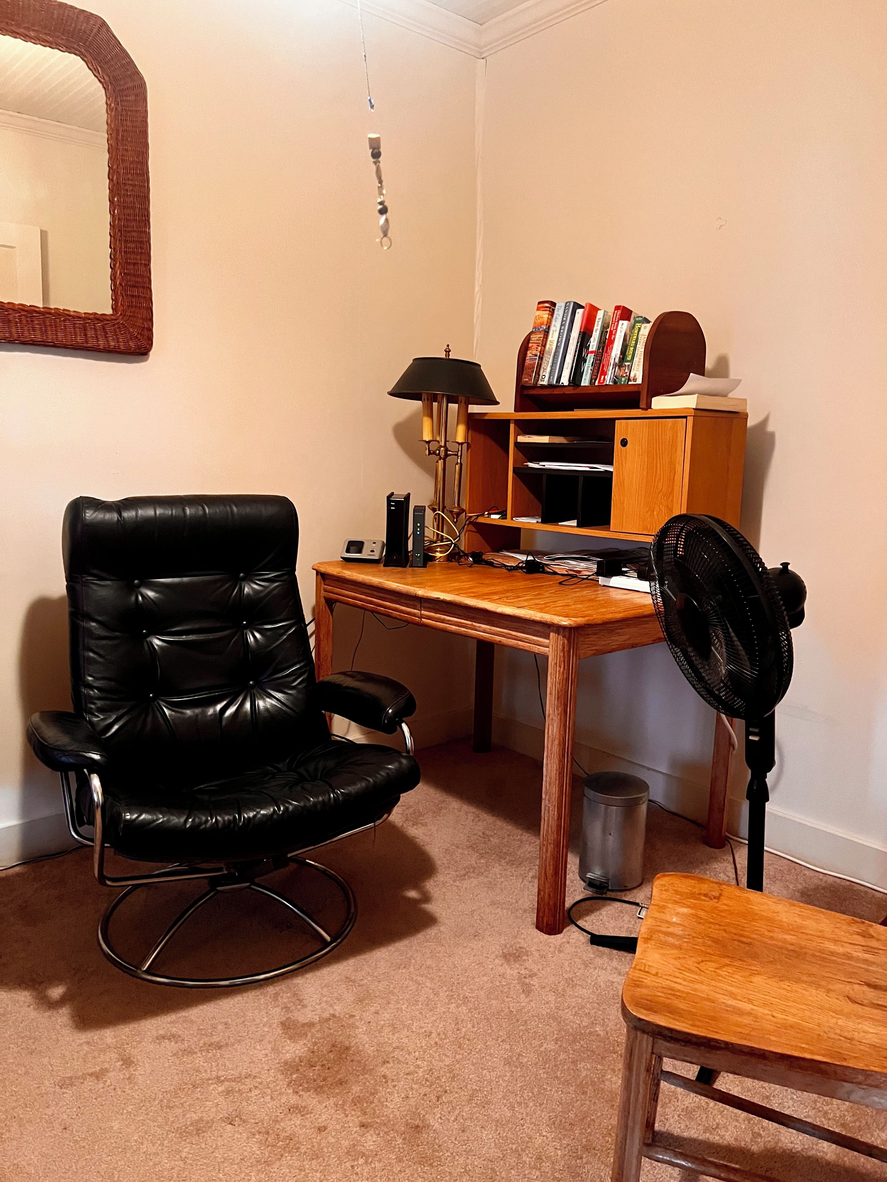 Une pièce comprenant un bureau, une chaise, une bibliothèque et un miroir.