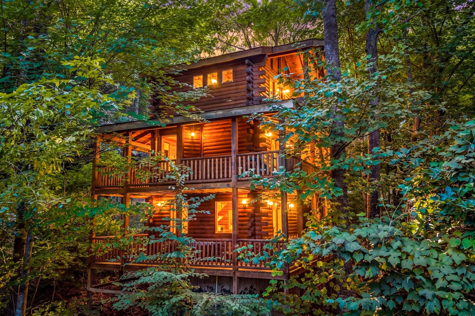 Une cabane en bois à plusieurs niveaux, entourée d’une forêt dense.