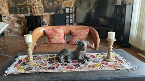 Un salon chaleureux avec un mur en pierre, un canapé agrémenté de coussins à motifs floraux, une table basse décorée de divers objets et un téléviseur.