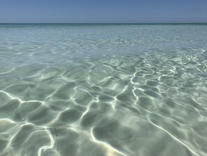 Clear shallow water with visible sand patterns.