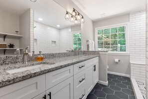 Combined shower/tub, hair dryer, towels