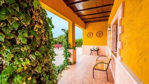 Un espace extérieur aménagé en patio, avec un sol en briques, des murs jaunes et un plafond en bois. On y trouve deux chaises en bois et une petite table sur laquelle est posé un objet décoratif.