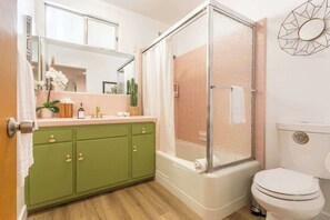 Bathtub, hair dryer, shampoo