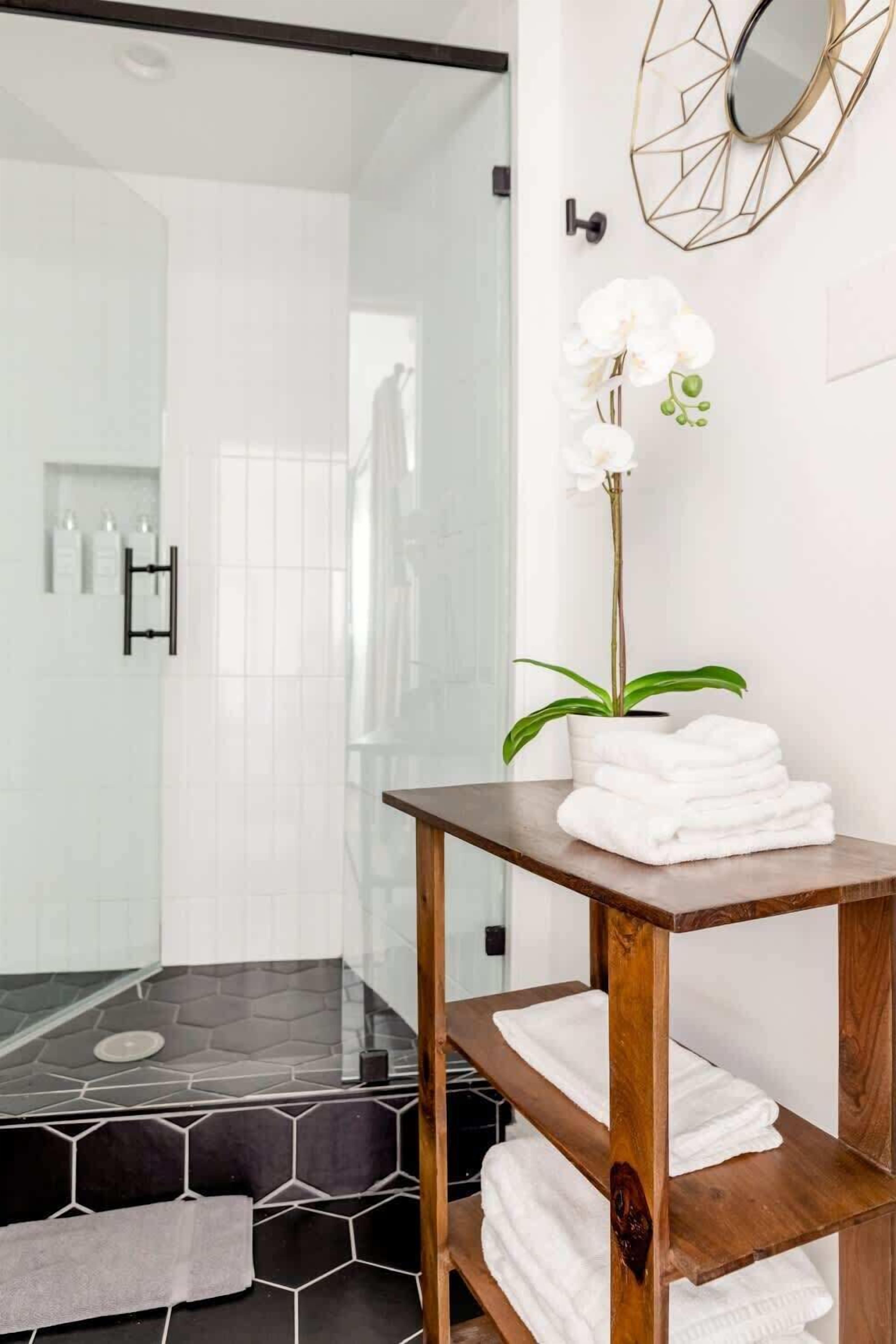 Chuveiro, secador de cabelo, toalhas de banho 