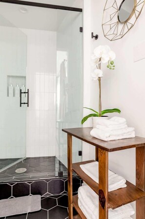 Shower, hair dryer, towels