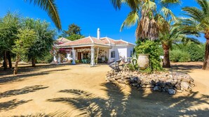 Une villa blanche, dotée d’un toit en tuiles, entourée de palmiers et d’un mur de pierre.