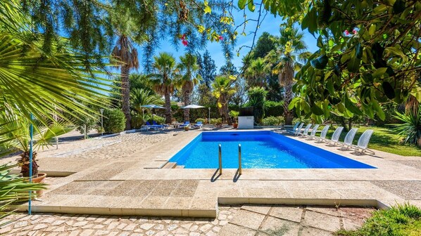 Une piscine rectangulaire à l’eau d’un bleu cristallin, entourée d’une terrasse en pierre et de palmiers.