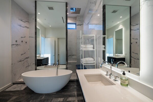Combined shower/bathtub, hair dryer, bidet, towels