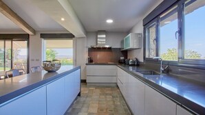 Eine moderne Küche mit einer großen Kochinsel, eingebauten Geräten und Blick ins Freie.