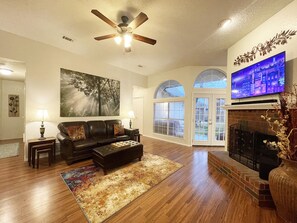 TV, fireplace, video games, ping pong