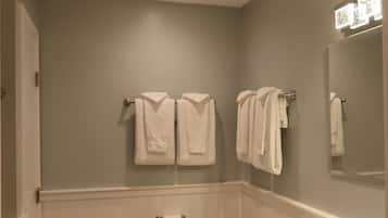 Hair dryer, towels, soap, shampoo