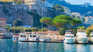 A marina with boats docked, a historic building with a red roof, and a cliff with buildings on top. - Nice apartment for 6 guests with WIFI, A/C, TV, terrace and panoramic view (Sorrento)