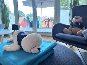 A room with a large window, a blue chair, and a white teddy bear on a blue blanket. - Kleine Robbe, Deutschland (Glowe auf Rügen)