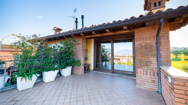 Une terrasse couverte agrémentée de plantes en pot, un mur en briques et une vue sur le paysage environnant.