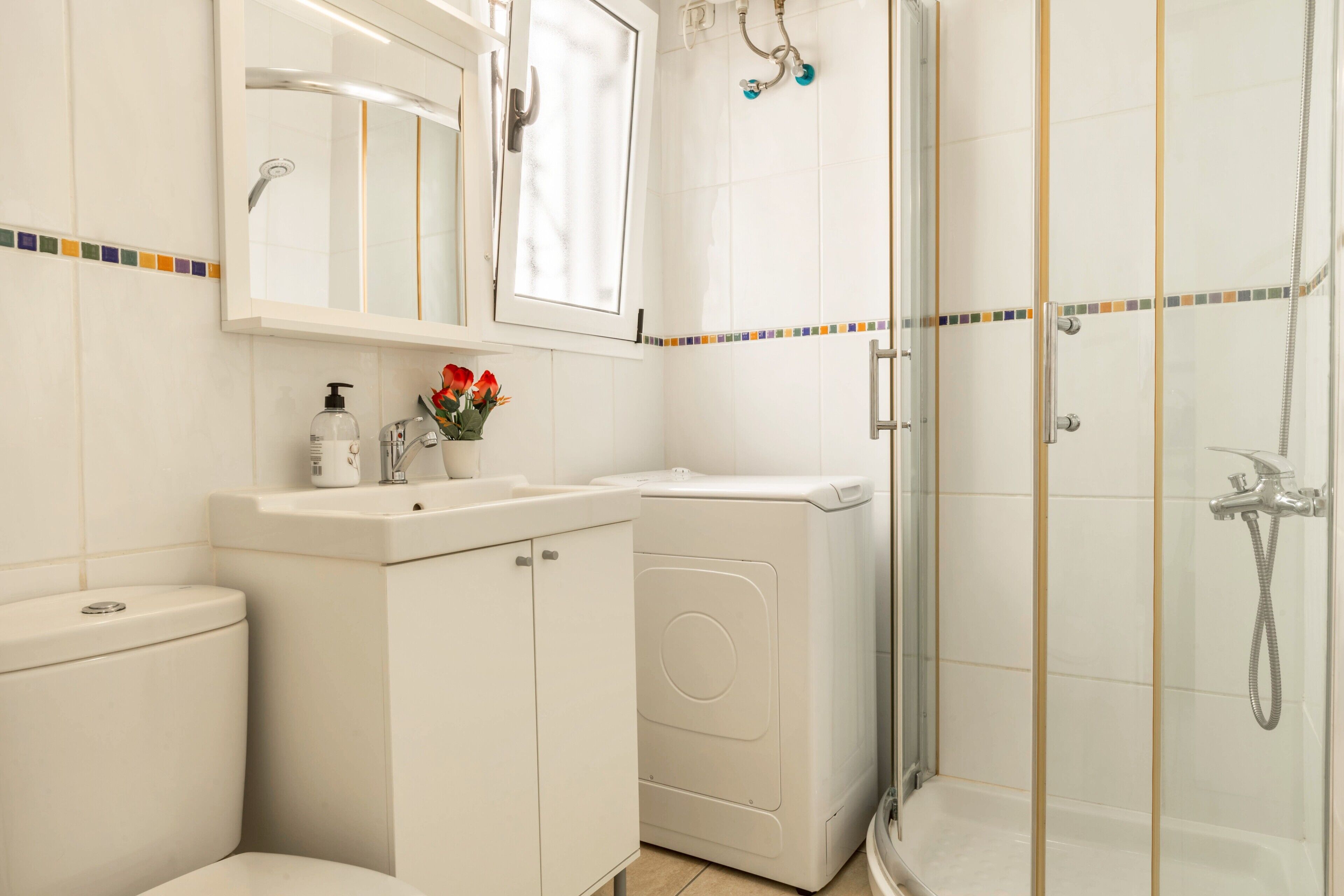 Un baño con inodoro, lavadora y ducha.