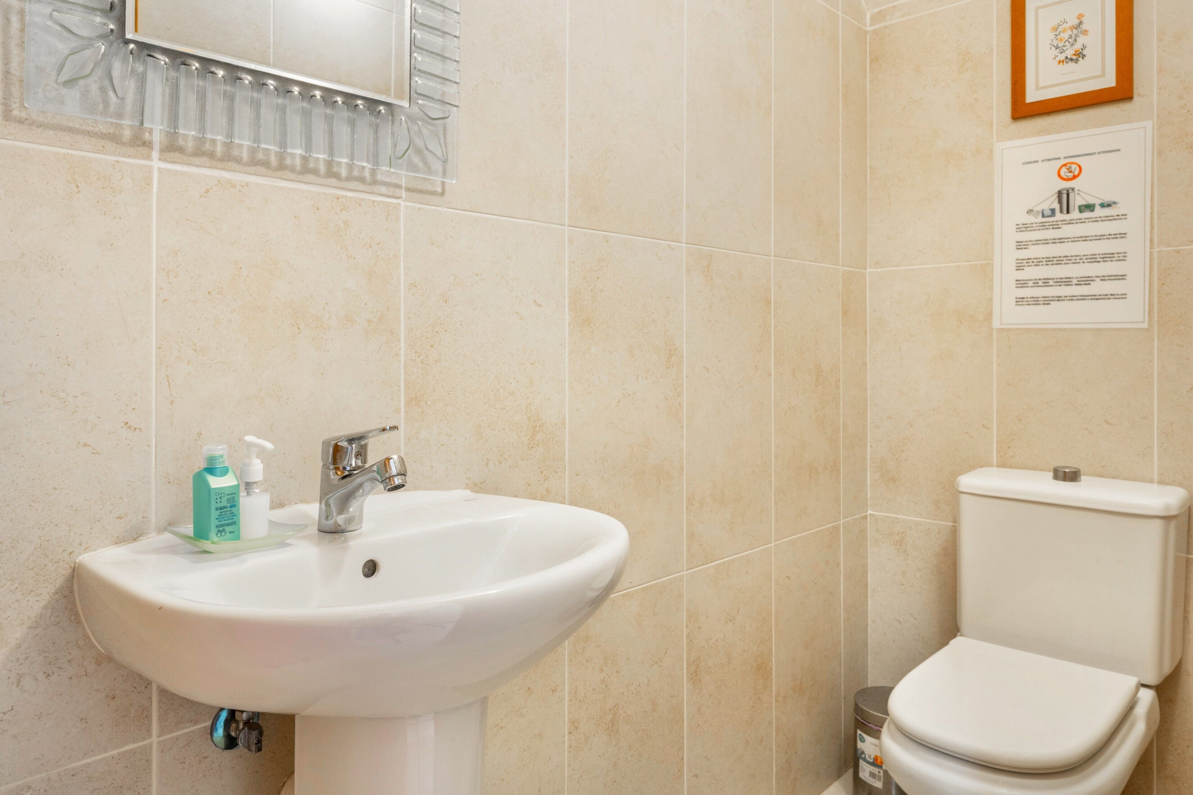 Een badkamer met een witte wasbak, een spiegel, een toilet en een informatief poster in een lijst op de muur.