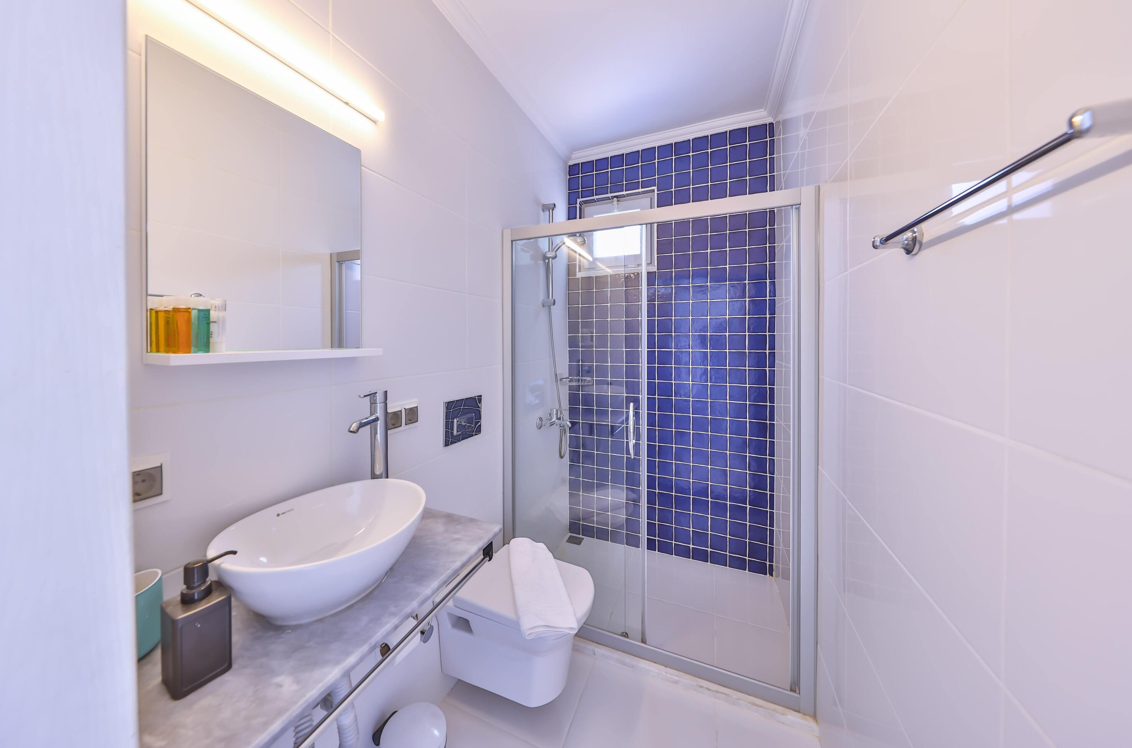 deluxe double room | bathroom | shower, rainfall showerhead, hair dryer, towels