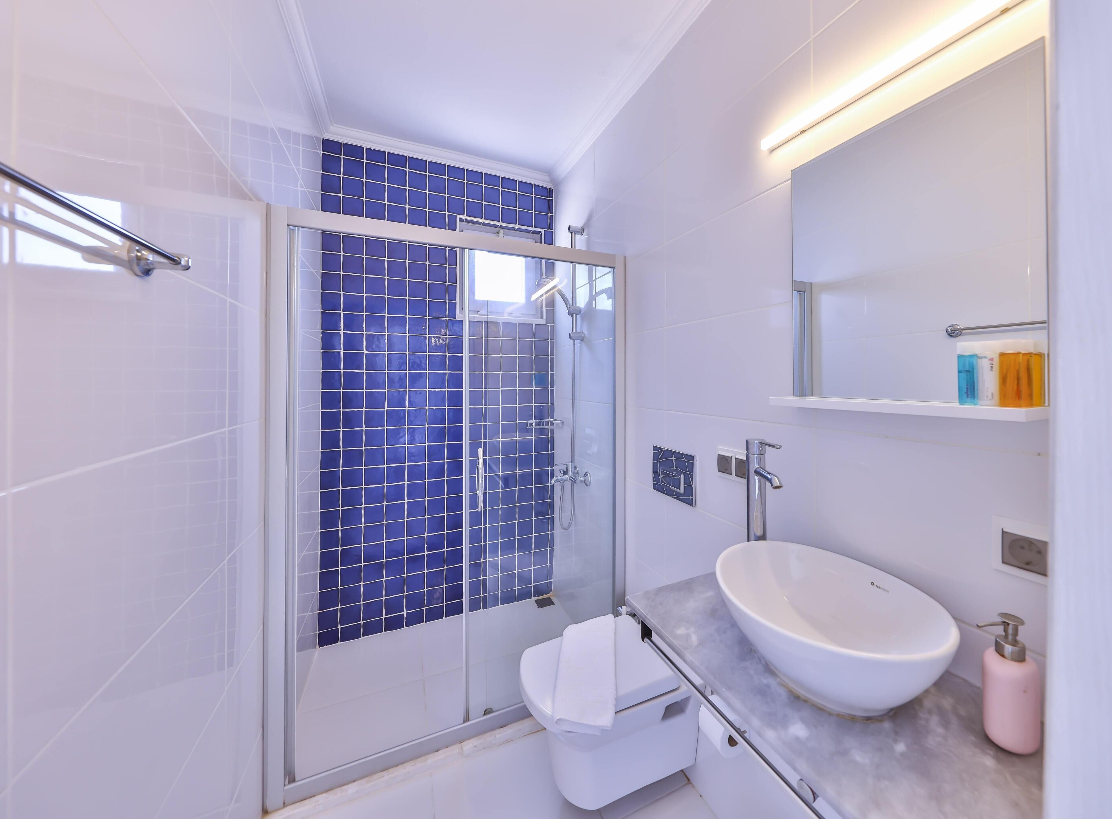 deluxe double room | bathroom | shower, rainfall showerhead, hair dryer, towels