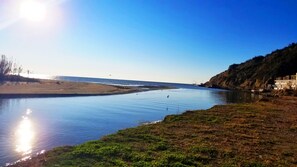 A calm river with a clear sky, a grassy bank, and a distant shoreline with buildings. - Hotel La Rosa Negra (Ulcinj)