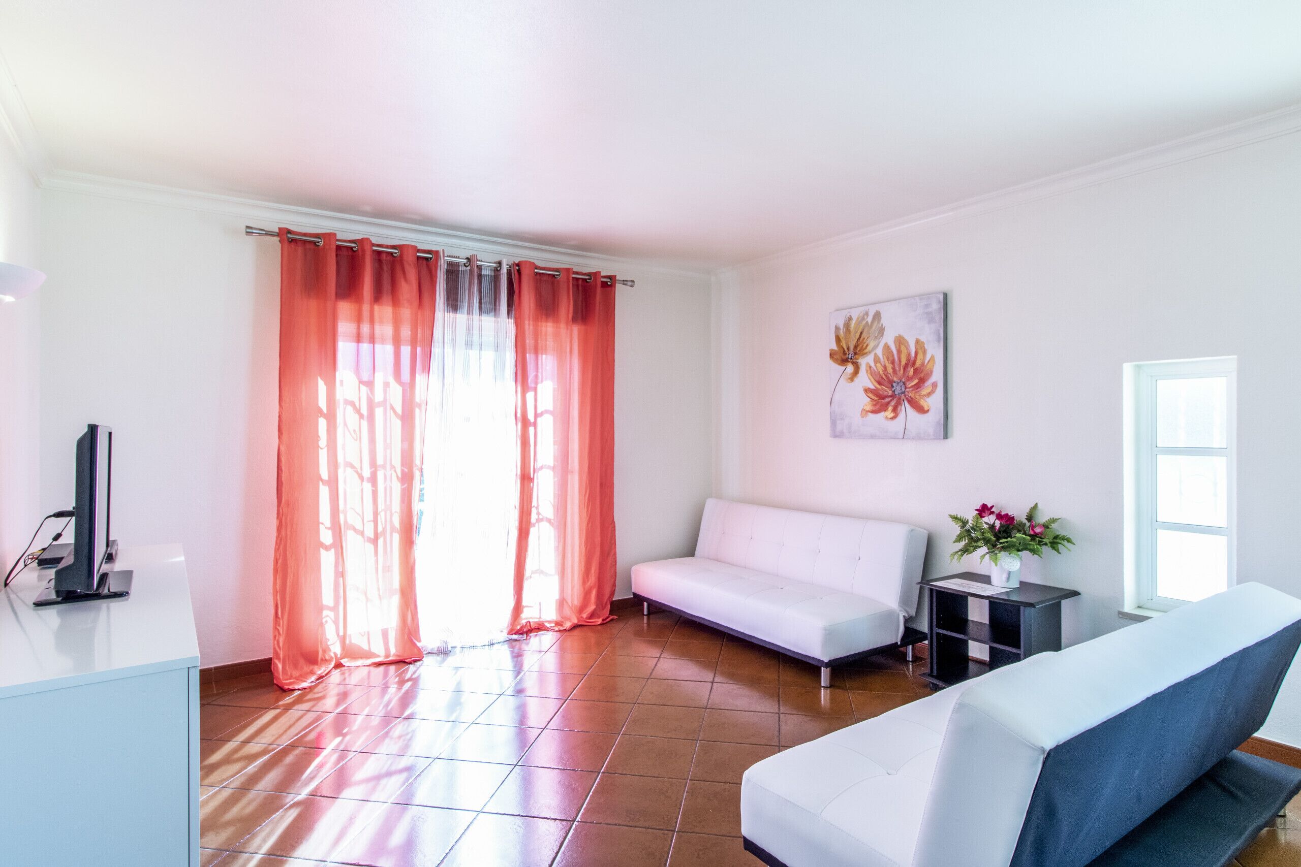 A living room with a white sofa, a blue couch, a TV on a stand, a small table with a vase, and a painting on the wall.