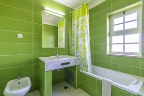 Bathtub, hair dryer, towels